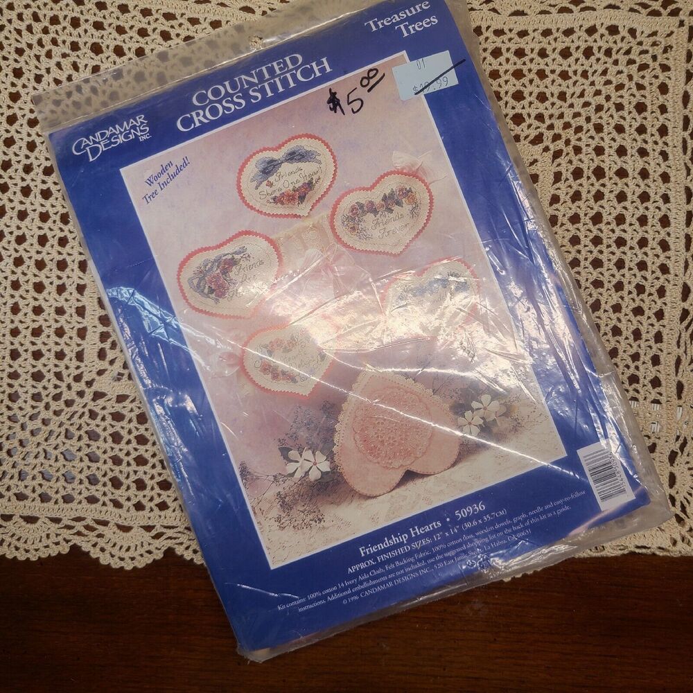 1996 Candamar Floral "Friendship Hearts" Cross Stitch Kit w/ Wooden Tree 12x14"